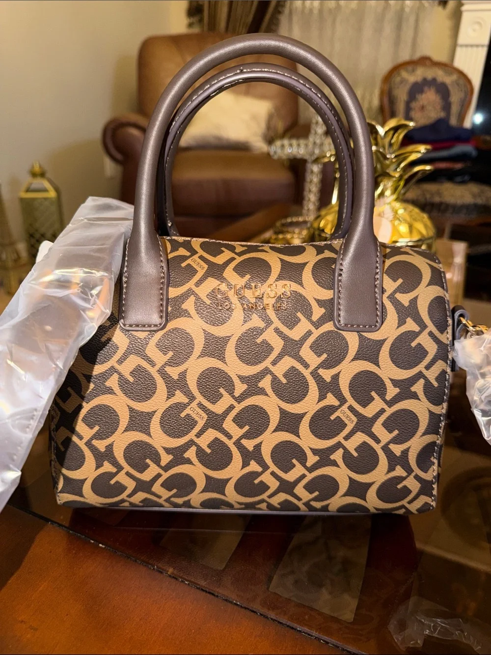 NWT GUESS Brown Logo-Print Satchel with Dark Brown Trim